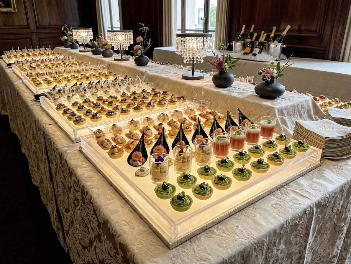 Long buffet de bouchées et verrines dressé pour un événement